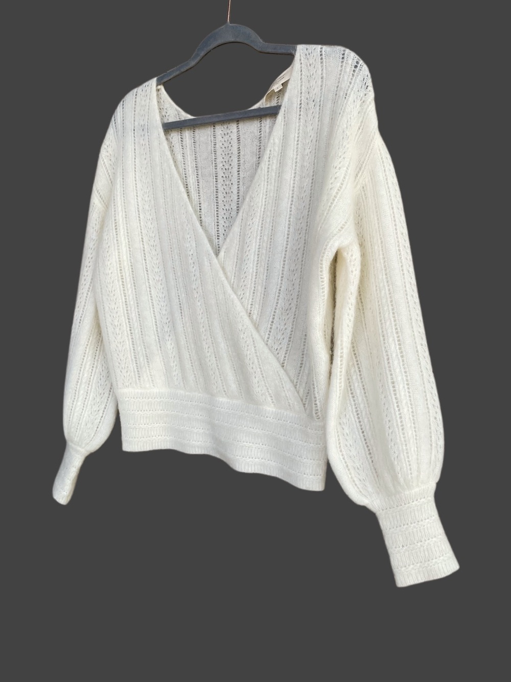SEZANE Ecru Cream Mohair Wool Reversible V Neck Pointelle Knit Cristina Sweater - Picture 4 of 17